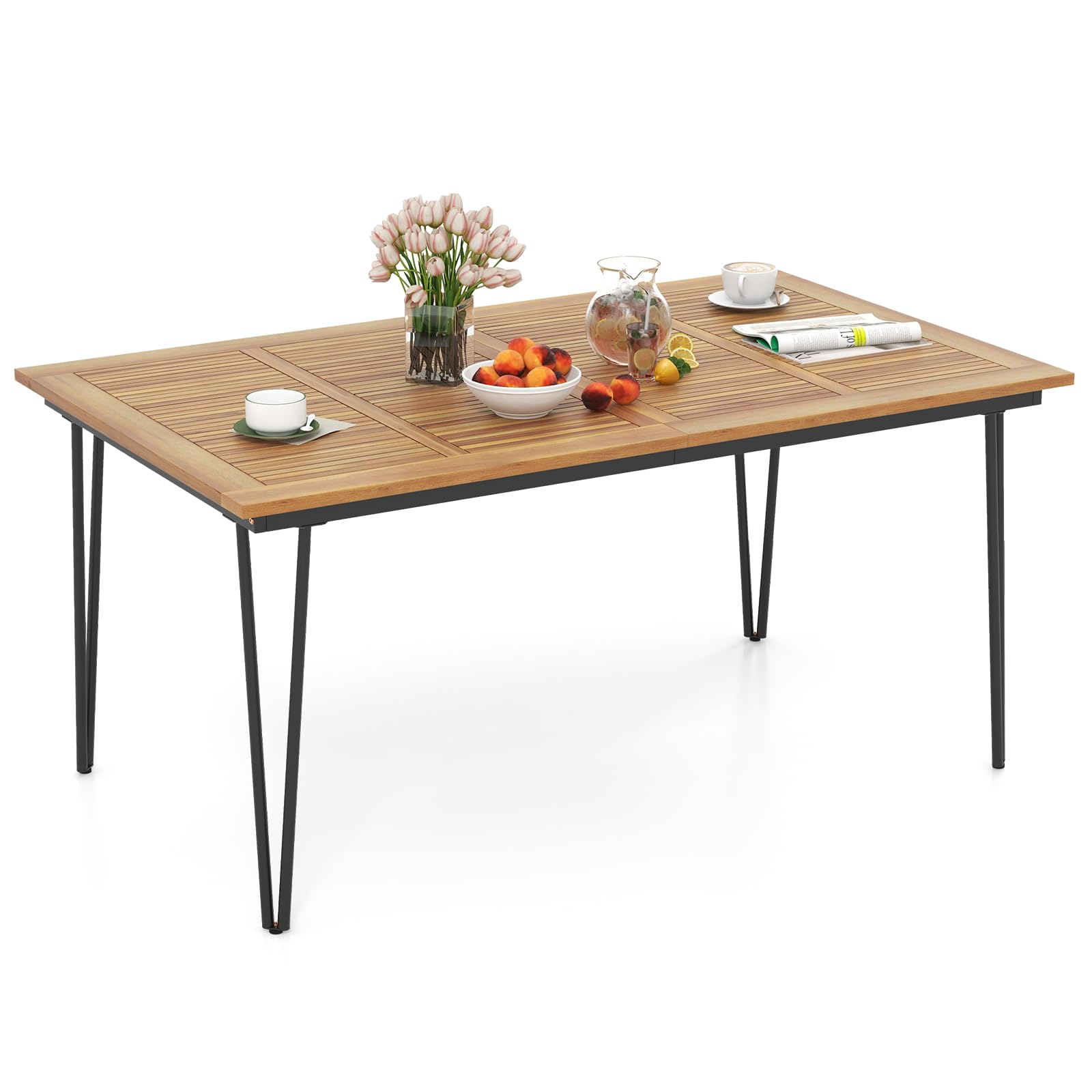 Table de salle à manger d'extérieur Tangkula de 160 cm, table de salle à manger de patio pour 6 personnes avec plateau en bois d'acacia et pieds en métal